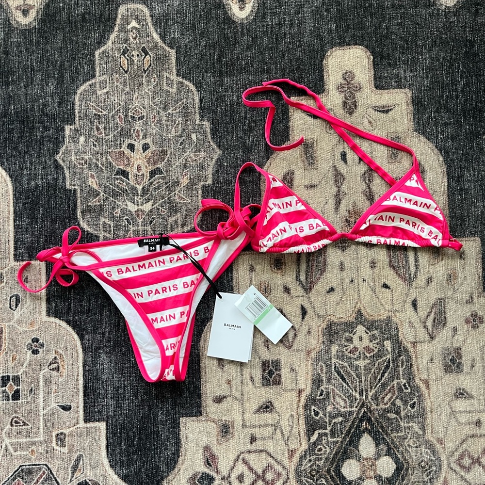 Balmain Pink and White Bikini with Side-Tie Details